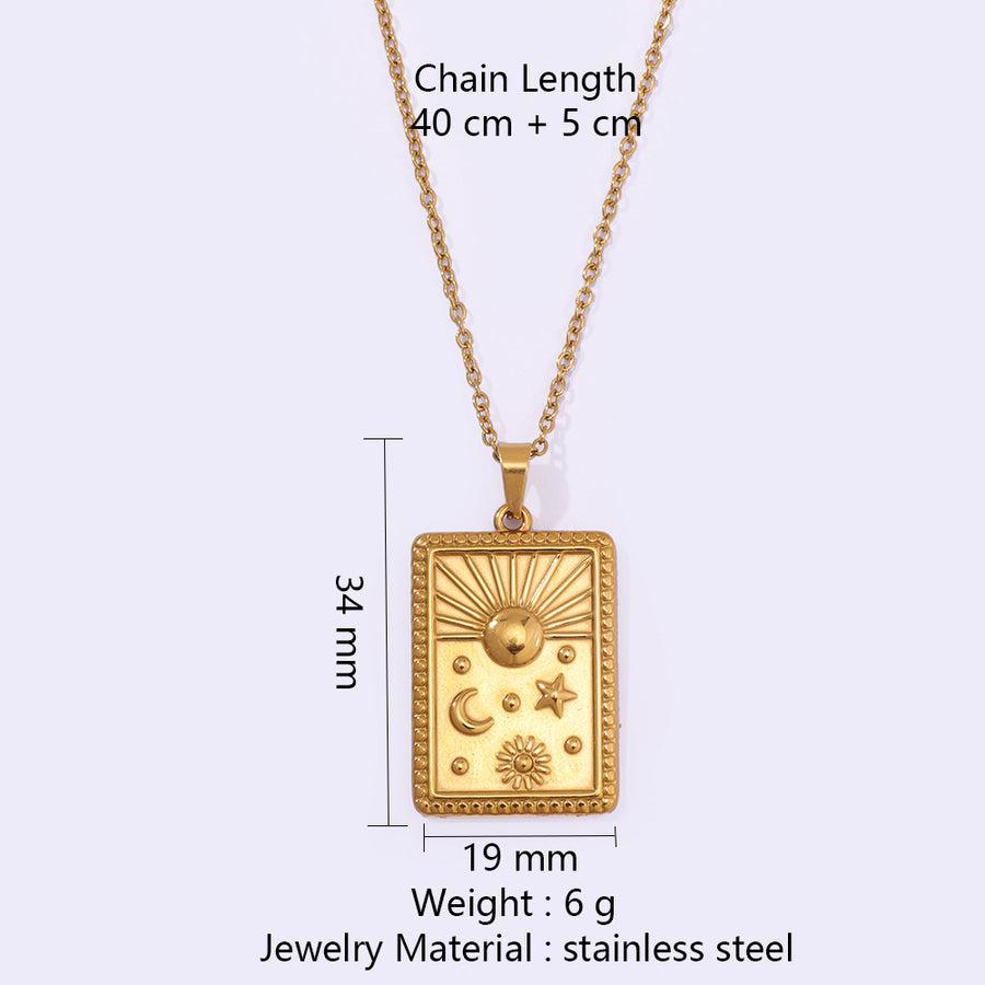 Stainless Steel Square Embossed Sun Star Pendant Necklace