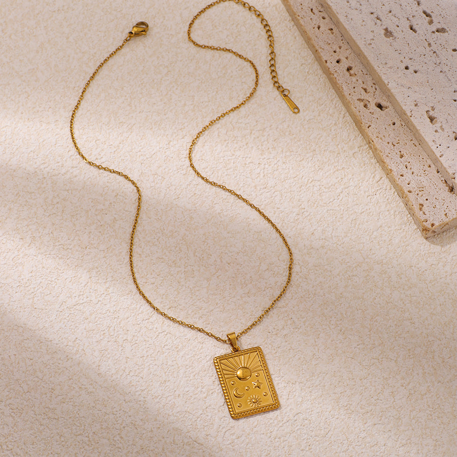 Stainless Steel Square Embossed Sun Star Pendant Necklace