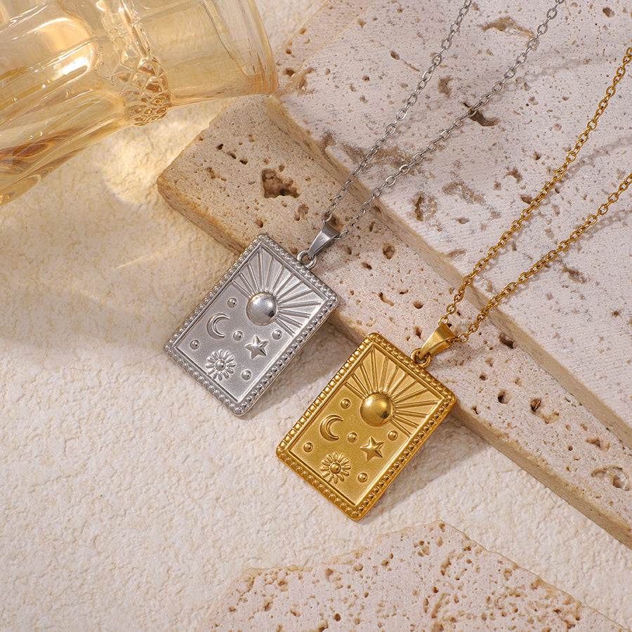 Stainless Steel Square Embossed Sun Star Pendant Necklace