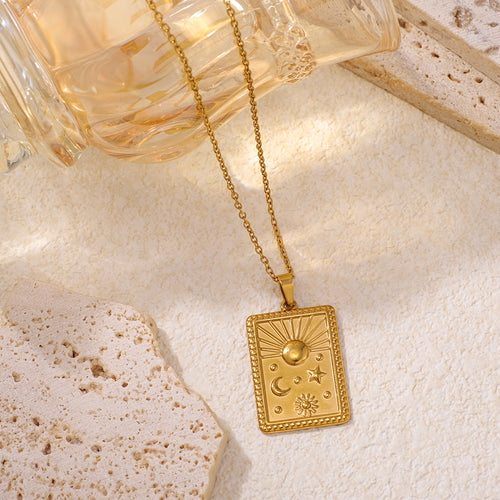 Stainless Steel Square Embossed Sun Star Pendant Necklace
