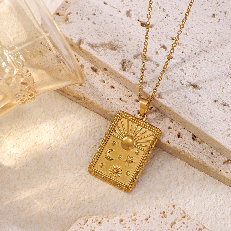 Stainless Steel Square Embossed Sun Star Pendant Necklace