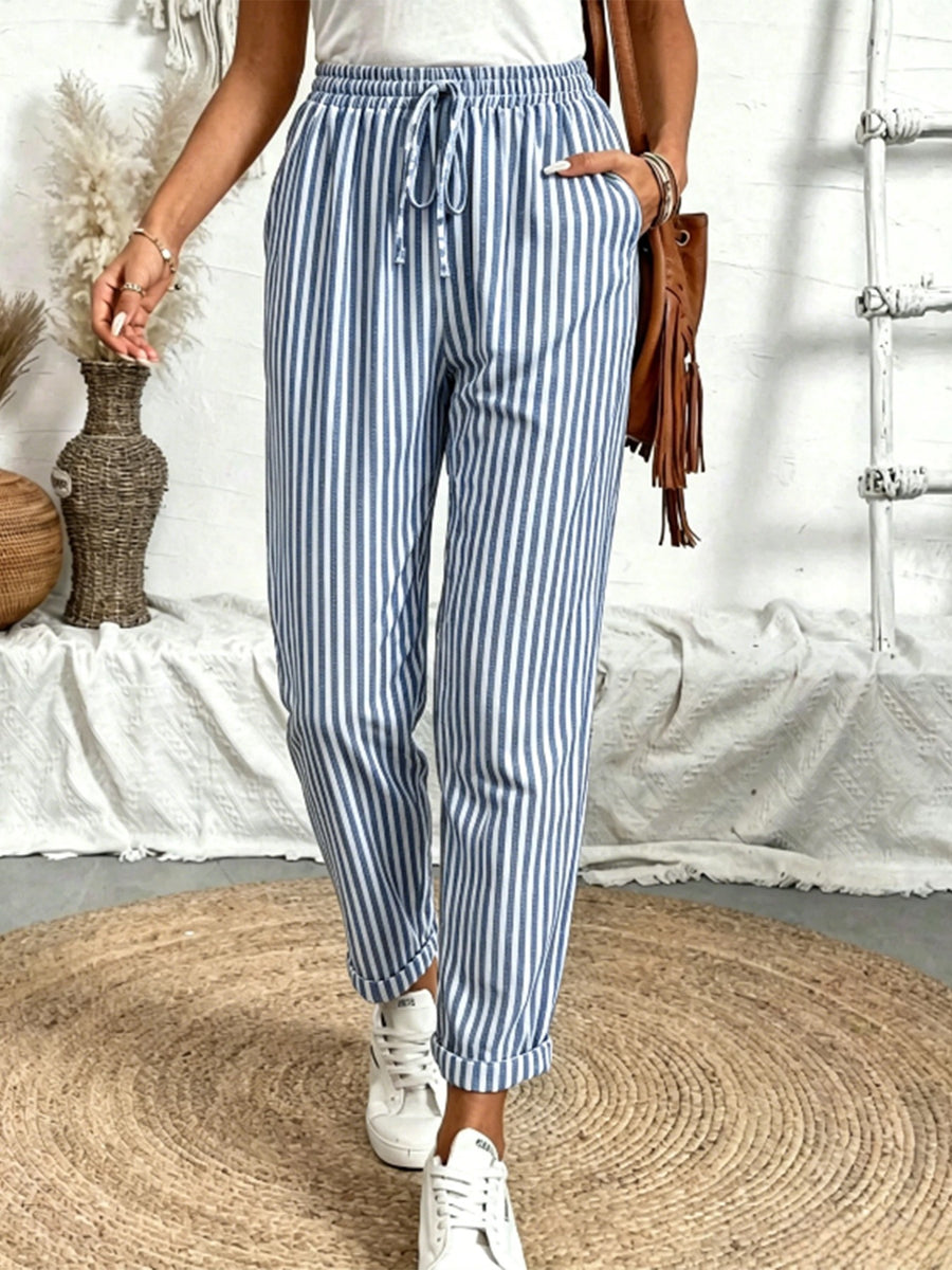 Women's Striped Drawstring Casual Versatile Pencil Pants
