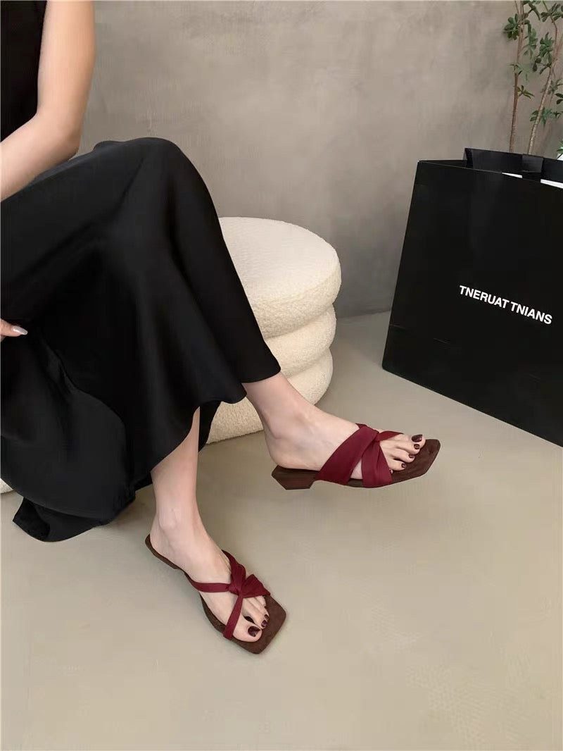 Women French Unique Design Block Heel Slide Sandals