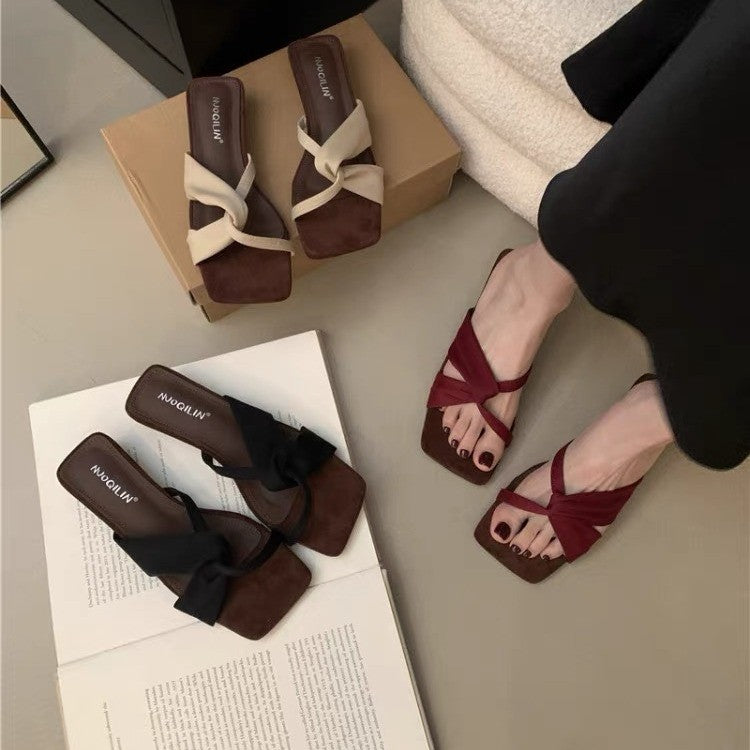 Women French Unique Design Block Heel Slide Sandals