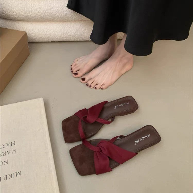 Women French Unique Design Block Heel Slide Sandals