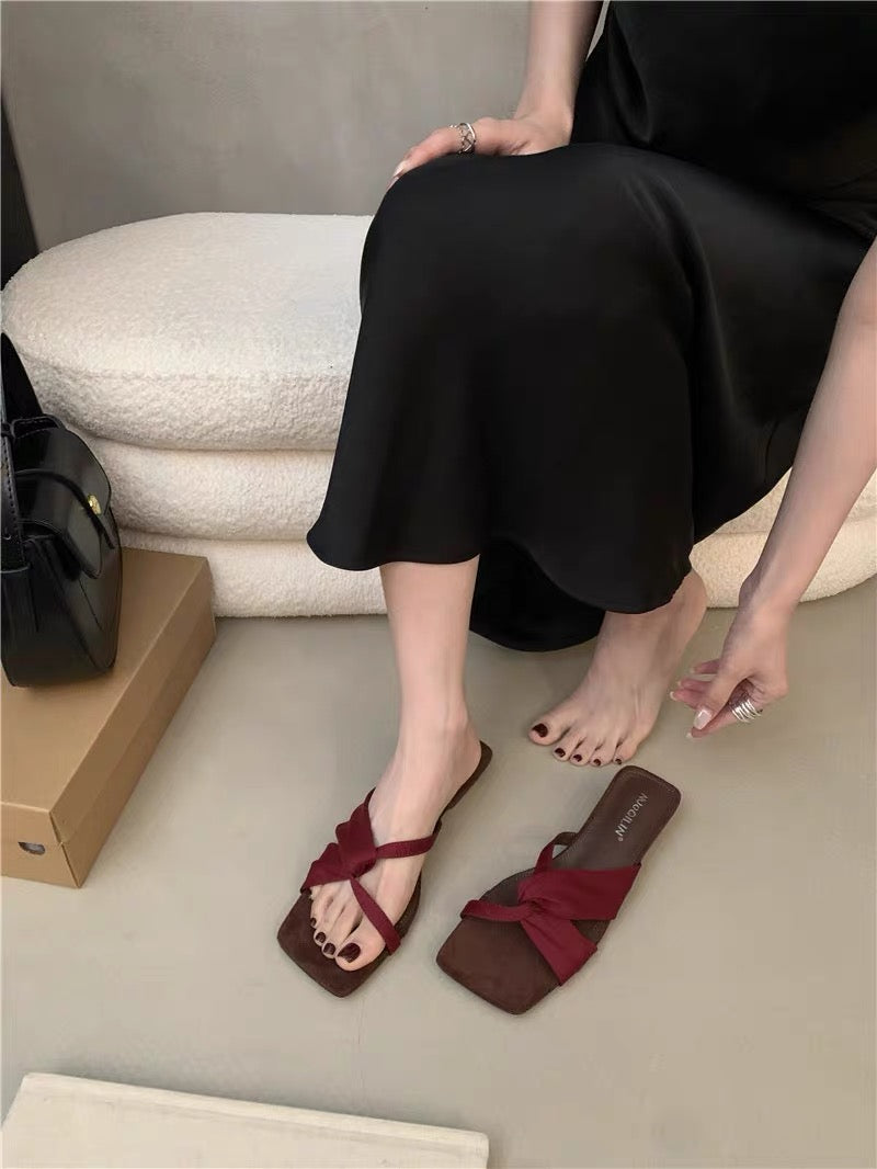 Women French Unique Design Block Heel Slide Sandals