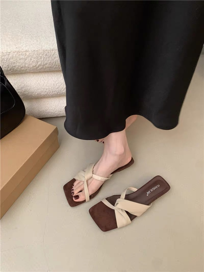 Women French Unique Design Block Heel Slide Sandals