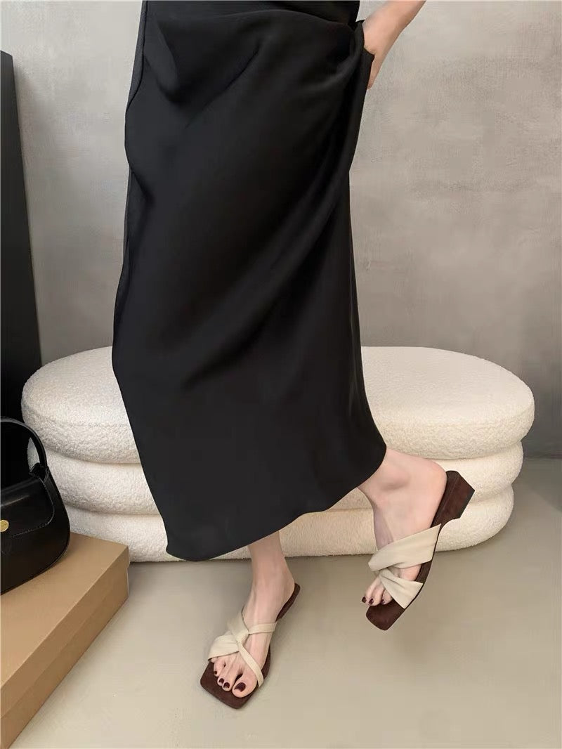 Women French Unique Design Block Heel Slide Sandals