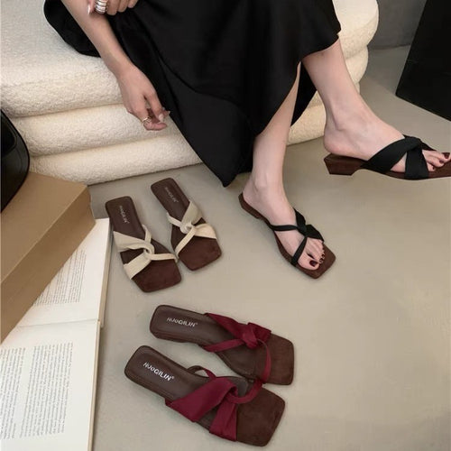 Women French Unique Design Block Heel Slide Sandals