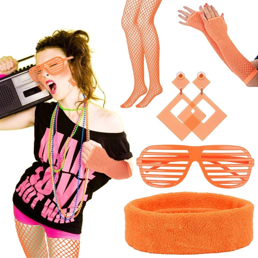 1980s Costume Accessories - Neon Earrings & Gloves Set