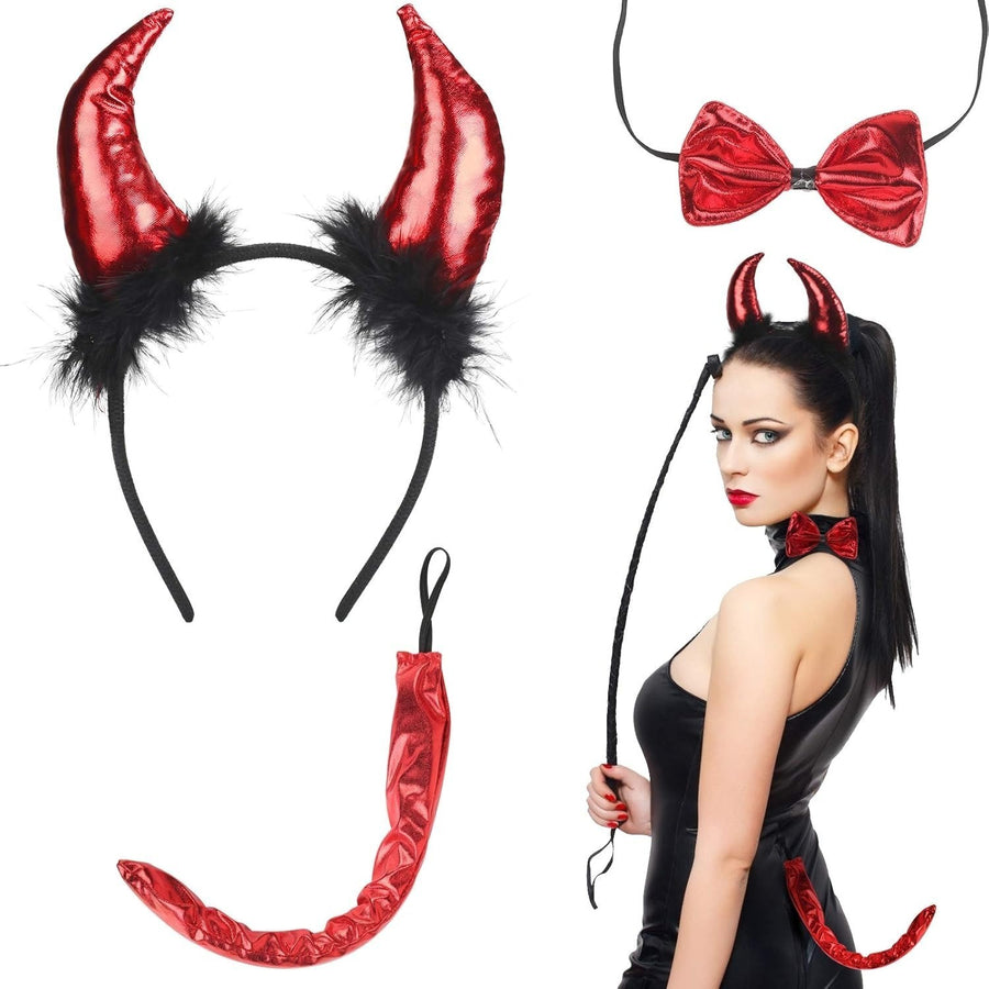 3-Piece Headband Set with Red Horns for Carnival & Cosplay