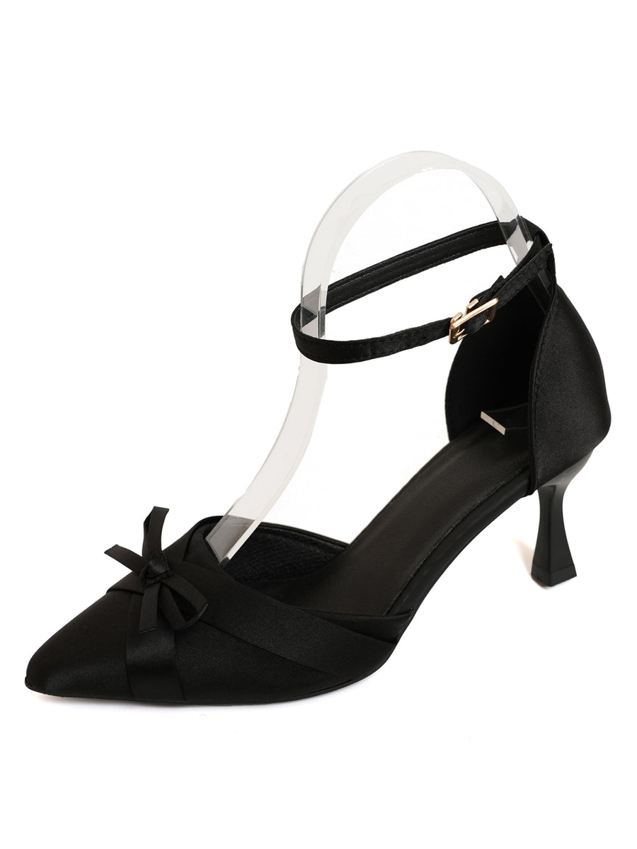 Champagne Satin Pointed Toe Mule Heels with Bow & Strap