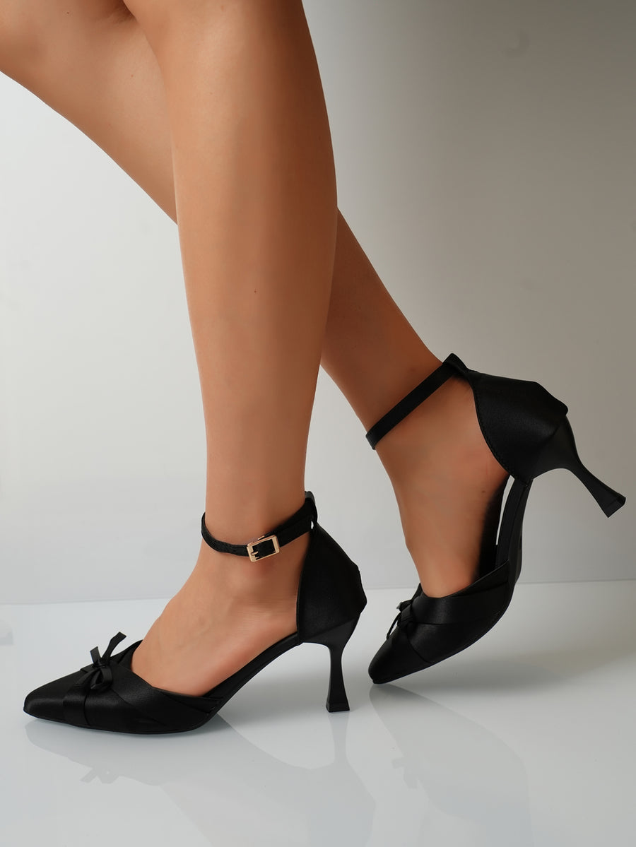 Champagne Satin Pointed Toe Mule Heels with Bow & Strap