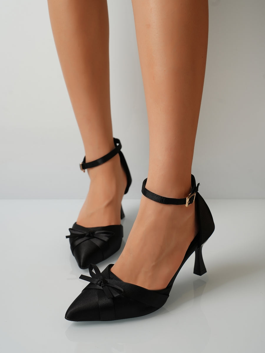 Champagne Satin Pointed Toe Mule Heels with Bow & Strap