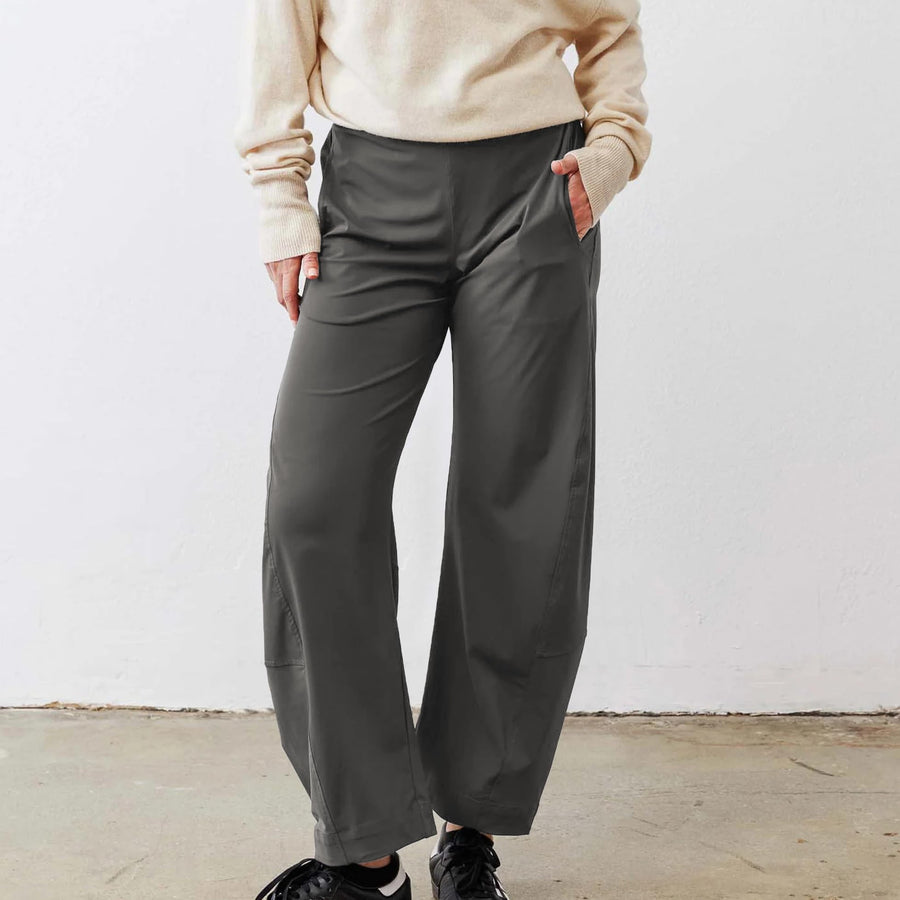 Women Barrel Curved Ankle Work Pants - Elastic High Waist