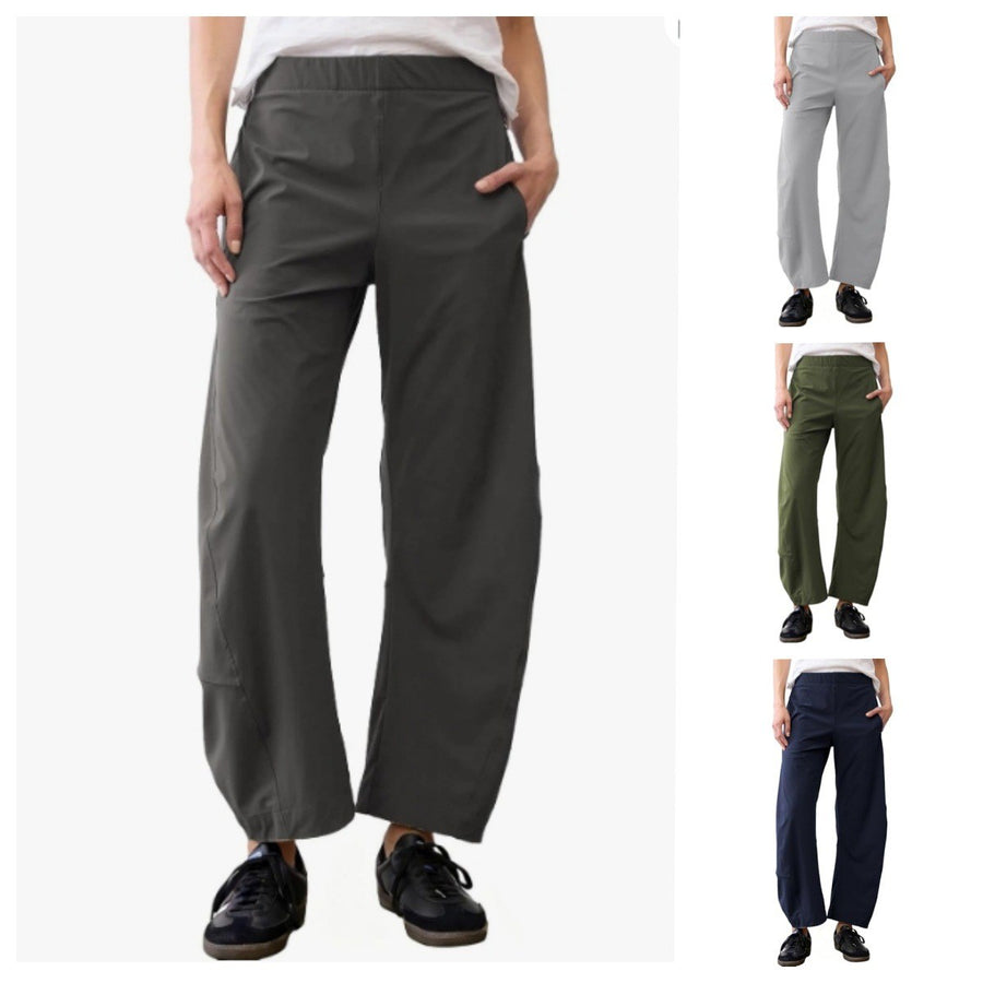 Women Barrel Curved Ankle Work Pants - Elastic High Waist
