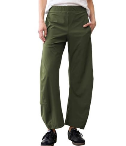 Women Barrel Curved Ankle Work Pants - Elastic High Waist