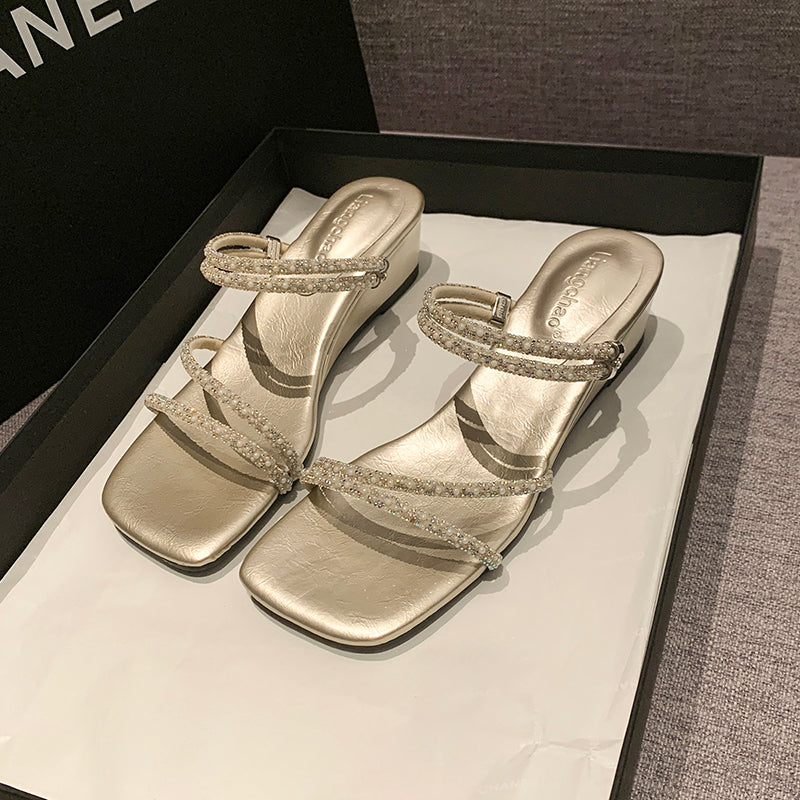 2026 Summer French Rhinestone Heels – Versatile Ankle Strap Sandals