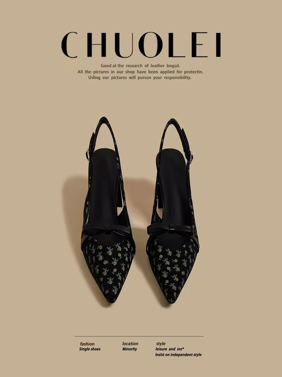 Elegant Apricot Bow Polka Dot Pointed Toe Block Heels