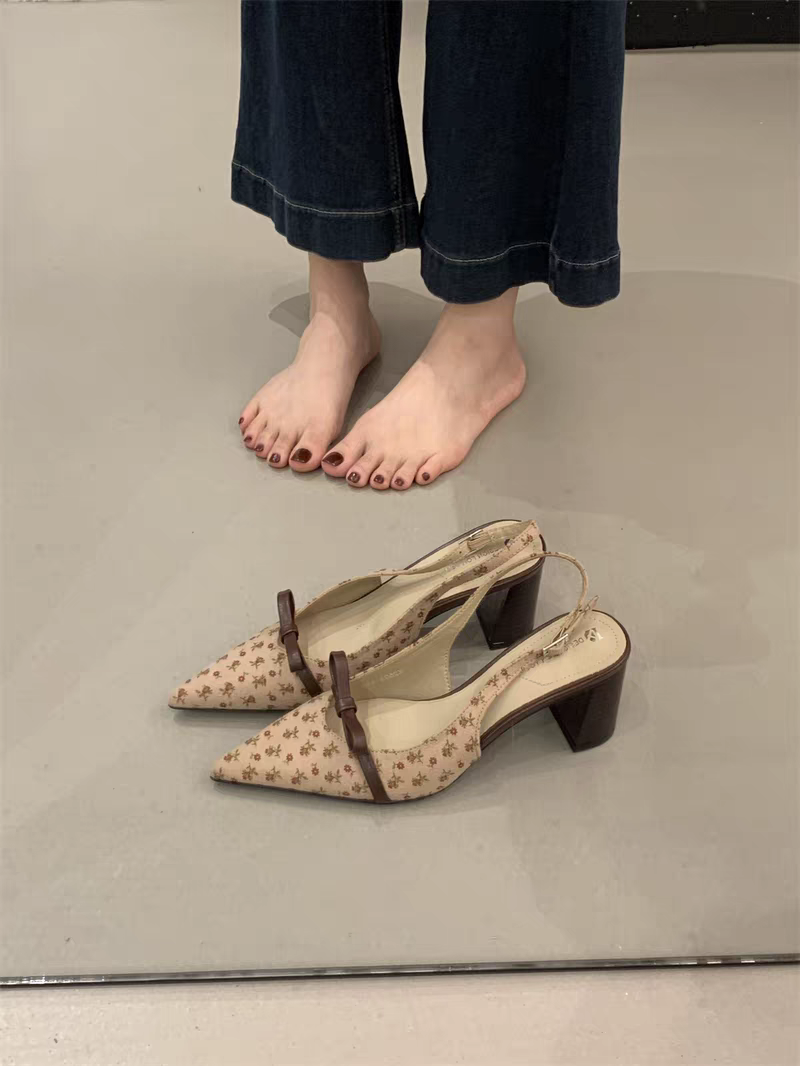 Elegant Apricot Bow Polka Dot Pointed Toe Block Heels