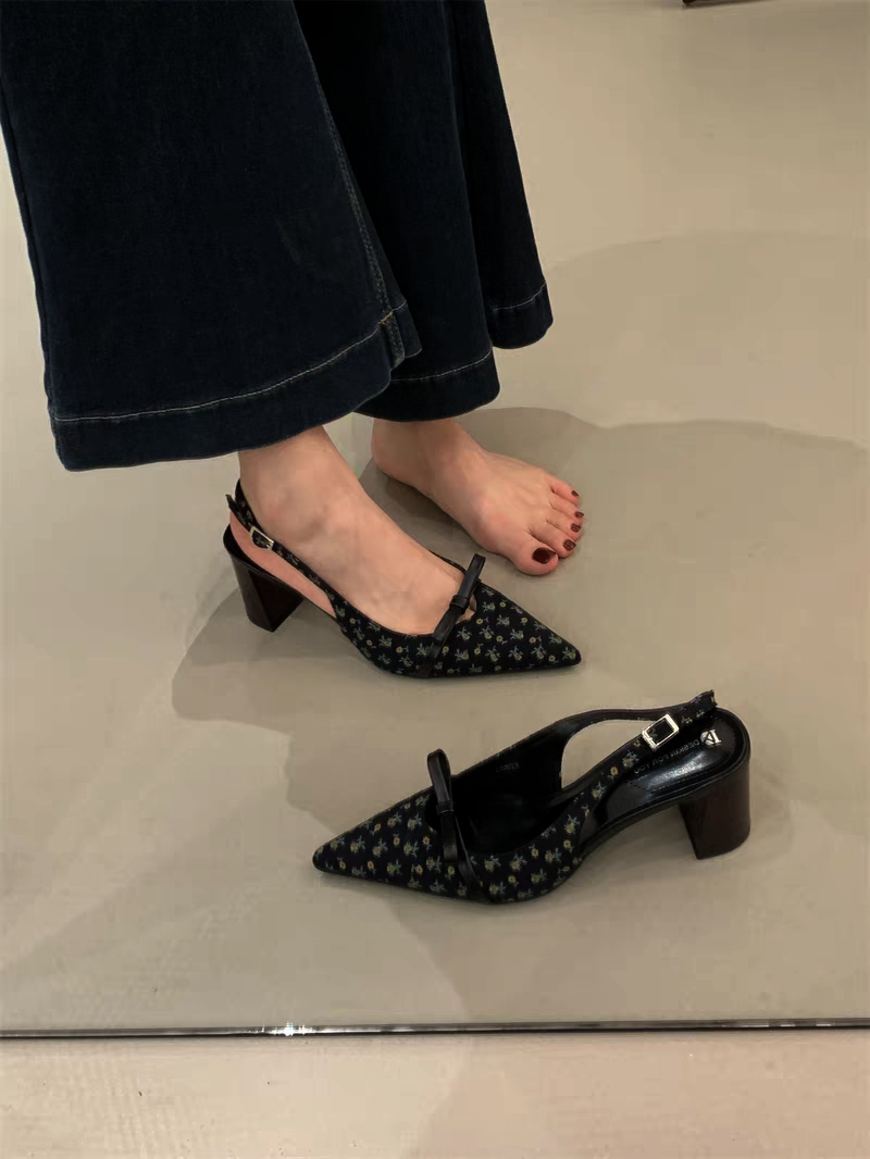 Elegant Apricot Bow Polka Dot Pointed Toe Block Heels