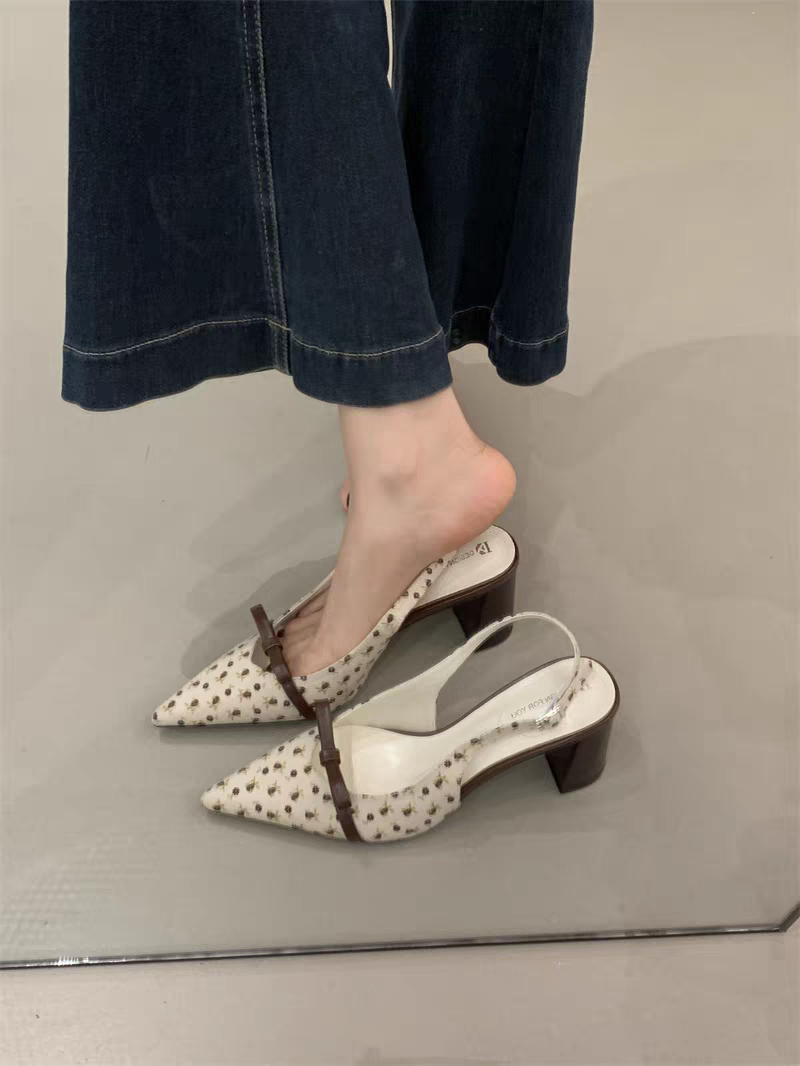 Elegant Apricot Bow Polka Dot Pointed Toe Block Heels