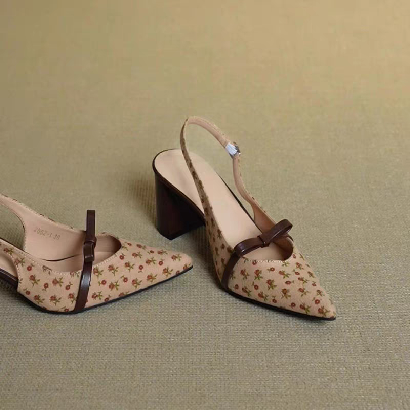 Elegant Apricot Bow Polka Dot Pointed Toe Block Heels