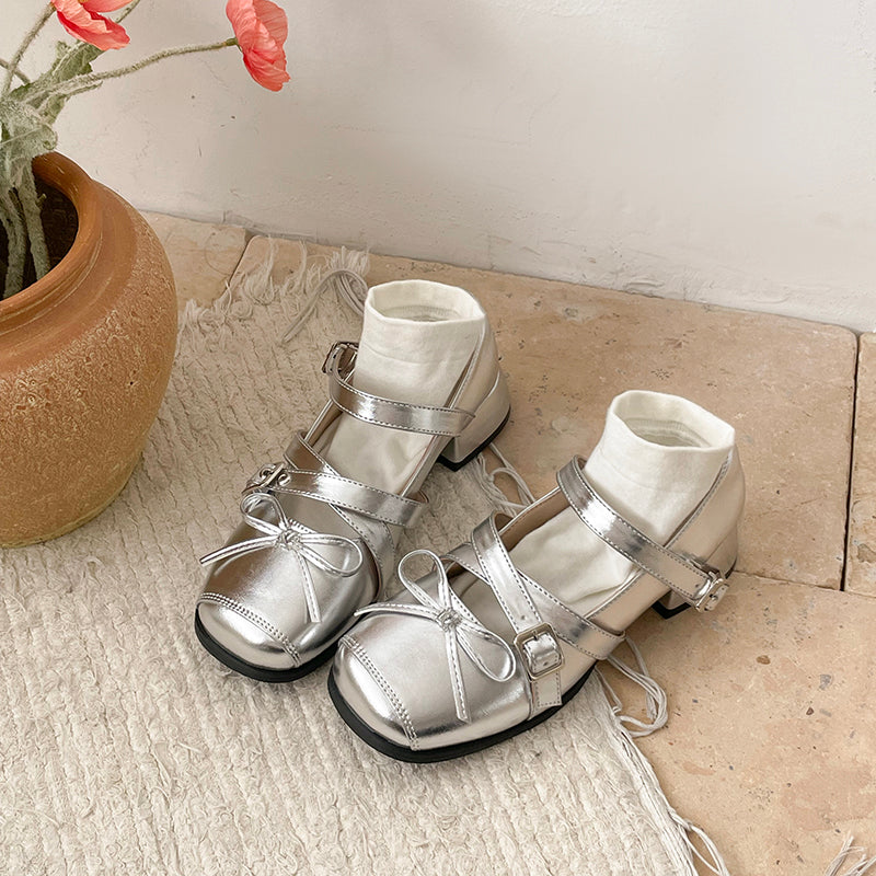 Square Bow Belt Buckle Silver Mary Jane Shoes