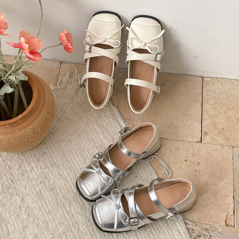 Square Bow Belt Buckle Silver Mary Jane Shoes
