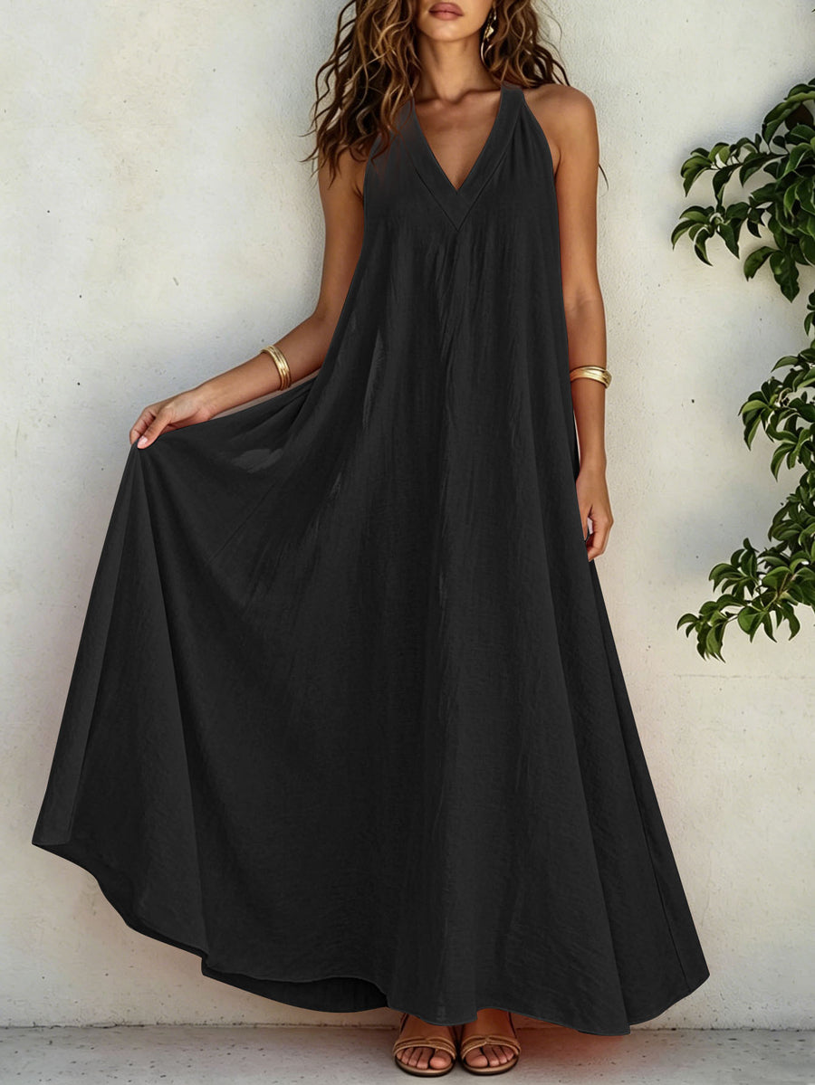 Casual V-neck Sleeveless Maxi Beach Dress with Pockets