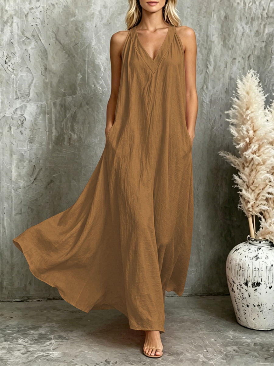 Casual V-neck Sleeveless Maxi Beach Dress with Pockets