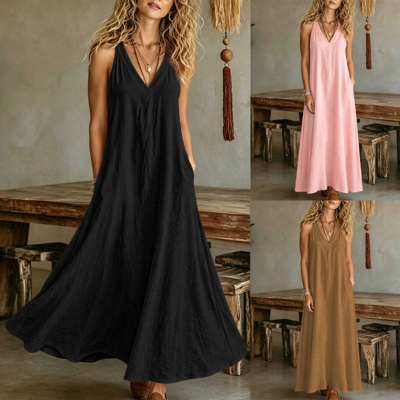 Casual V-neck Sleeveless Maxi Beach Dress with Pockets