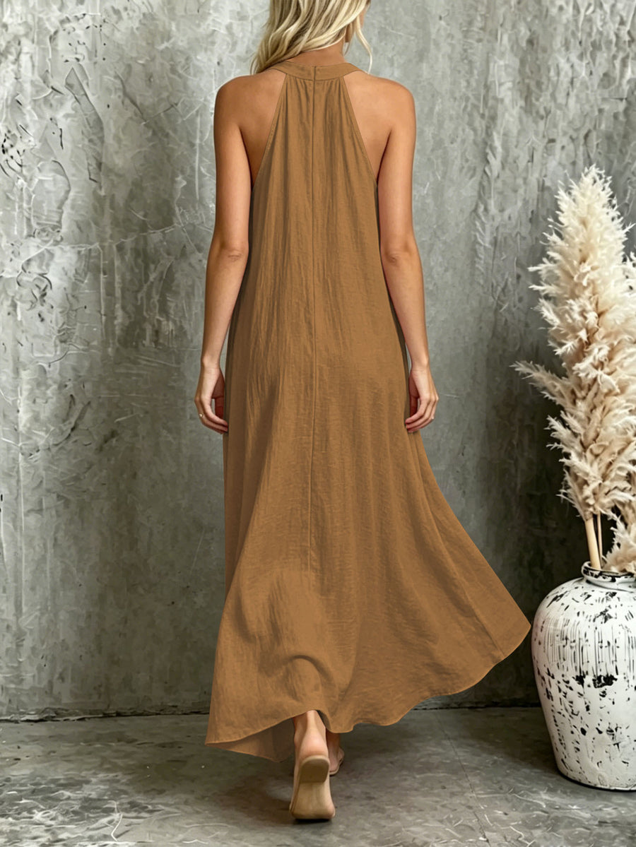 Casual V-neck Sleeveless Maxi Beach Dress with Pockets
