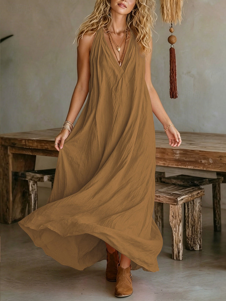 Casual V-neck Sleeveless Maxi Beach Dress with Pockets