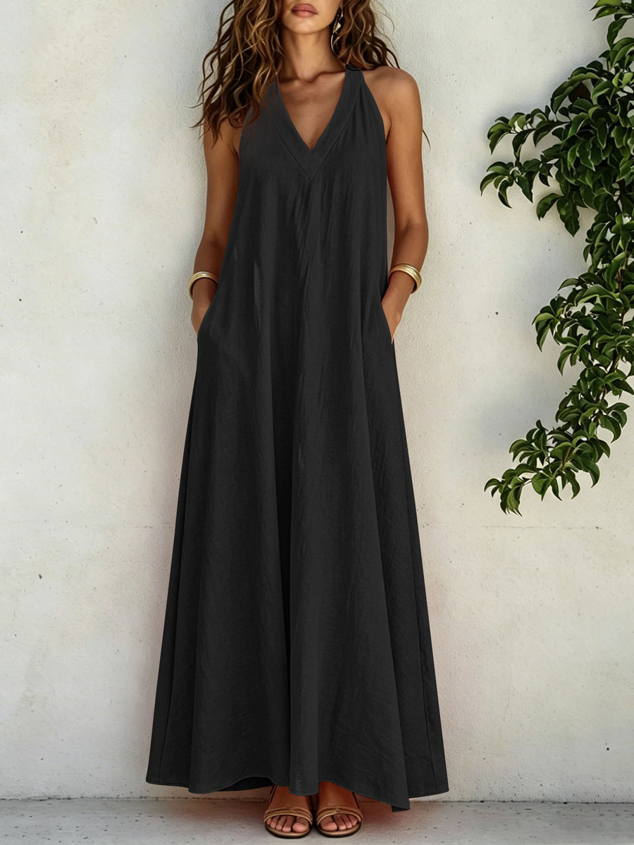 Casual V-neck Sleeveless Maxi Beach Dress with Pockets