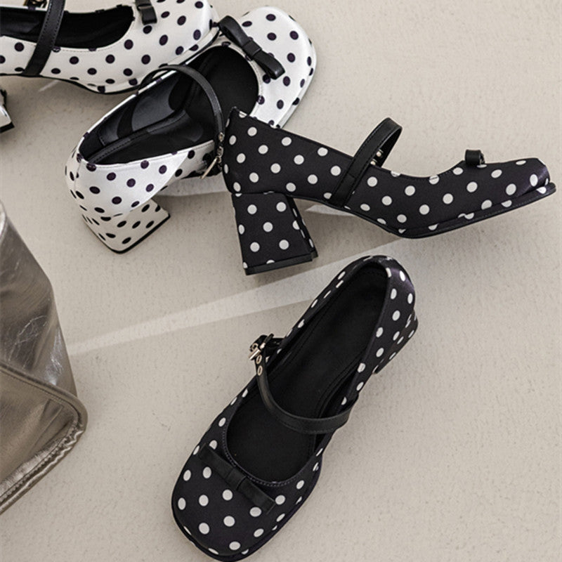 Fashionable Polka Dot Bow Mary Jane Heels for Women