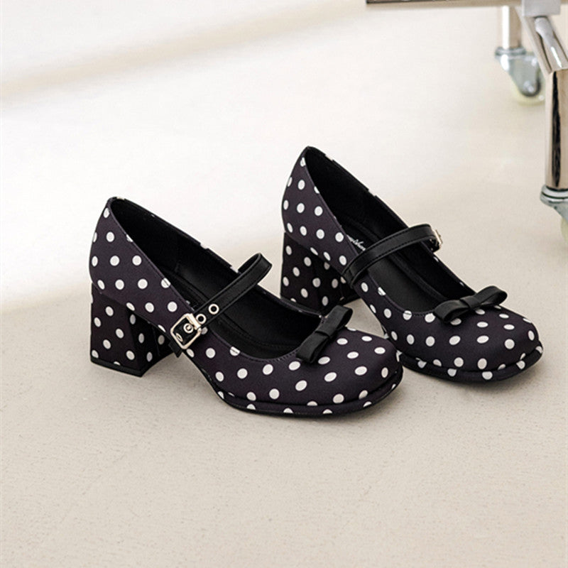 Fashionable Polka Dot Bow Mary Jane Heels for Women
