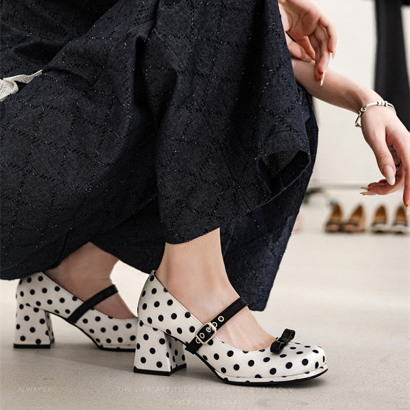 Fashionable Polka Dot Bow Mary Jane Heels for Women