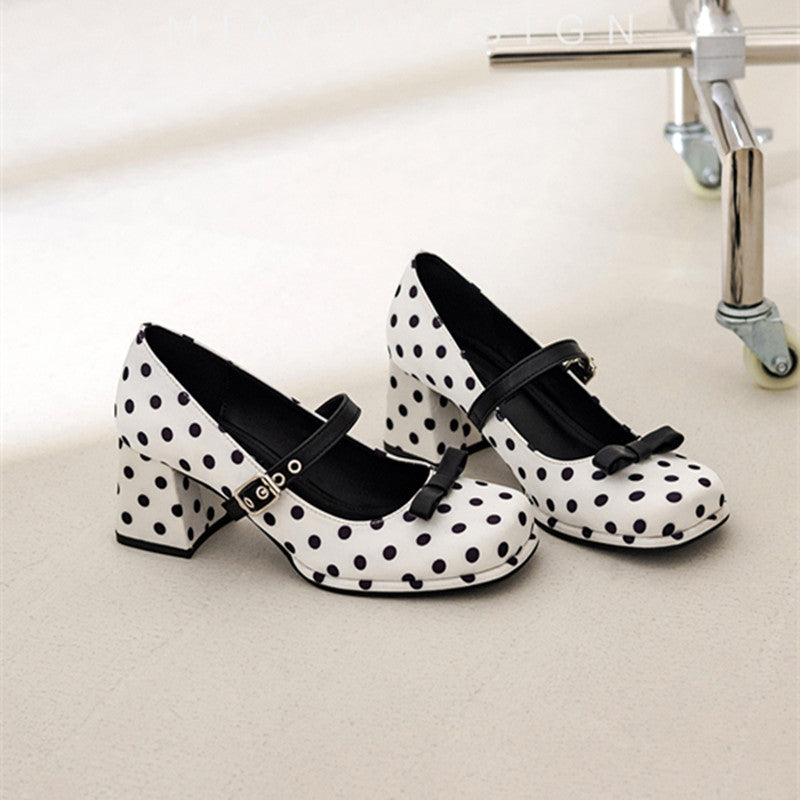 Fashionable Polka Dot Bow Mary Jane Heels for Women