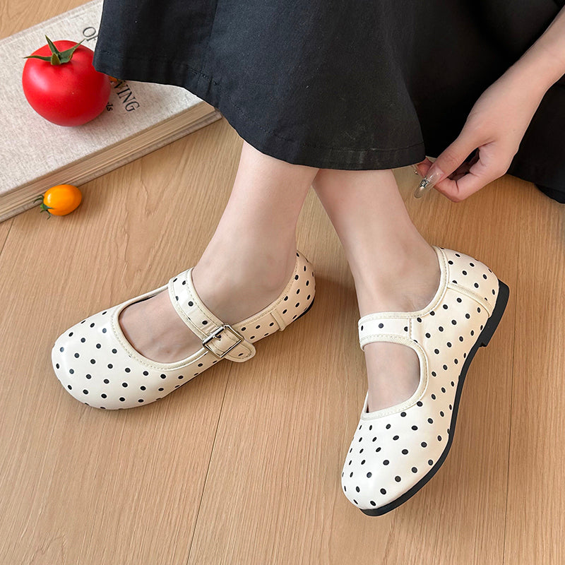 Black Round Toe Retro Polka Dot Flats for Women