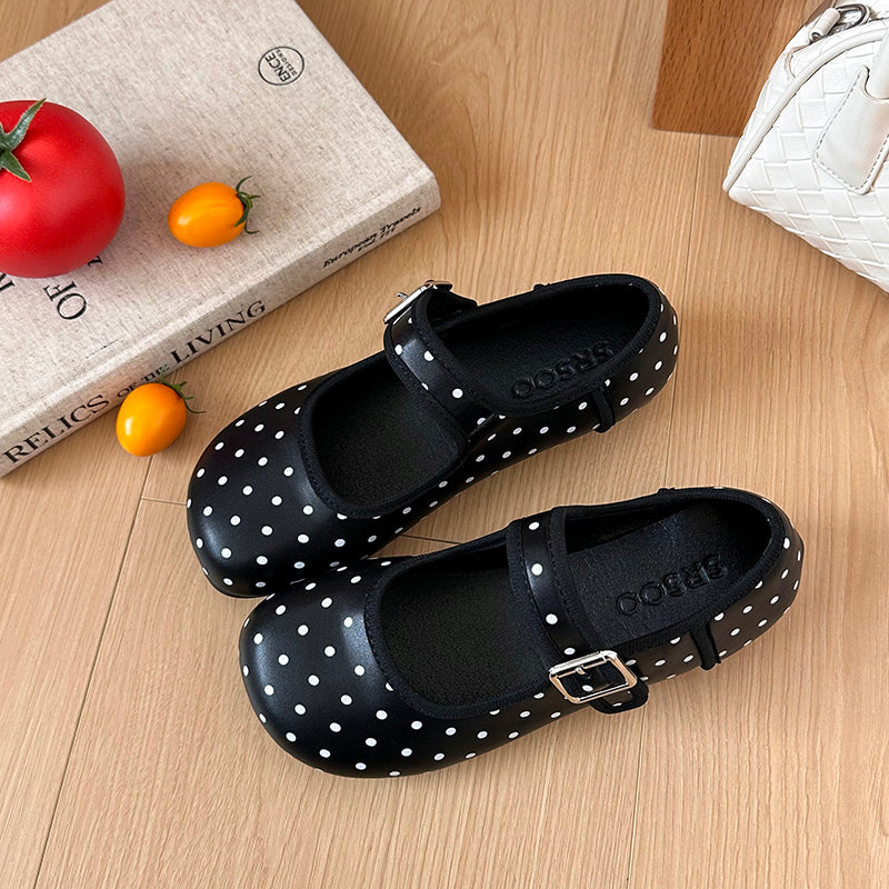 Black Round Toe Retro Polka Dot Flats for Women