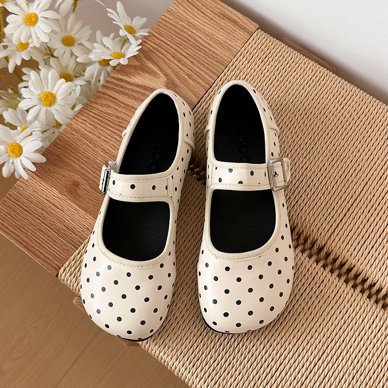 Black Round Toe Retro Polka Dot Flats for Women