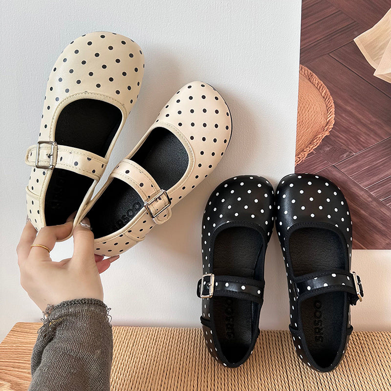Black Round Toe Retro Polka Dot Flats for Women
