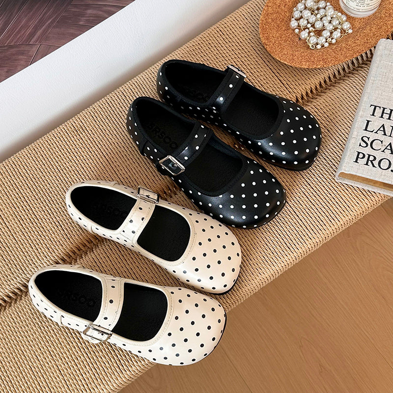 Black Round Toe Retro Polka Dot Flats for Women