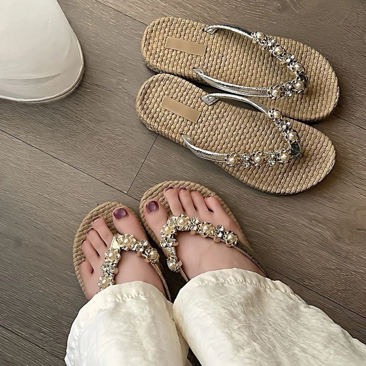 French Style Pearl Rhinestone Slippers for Women - Chic Comfort