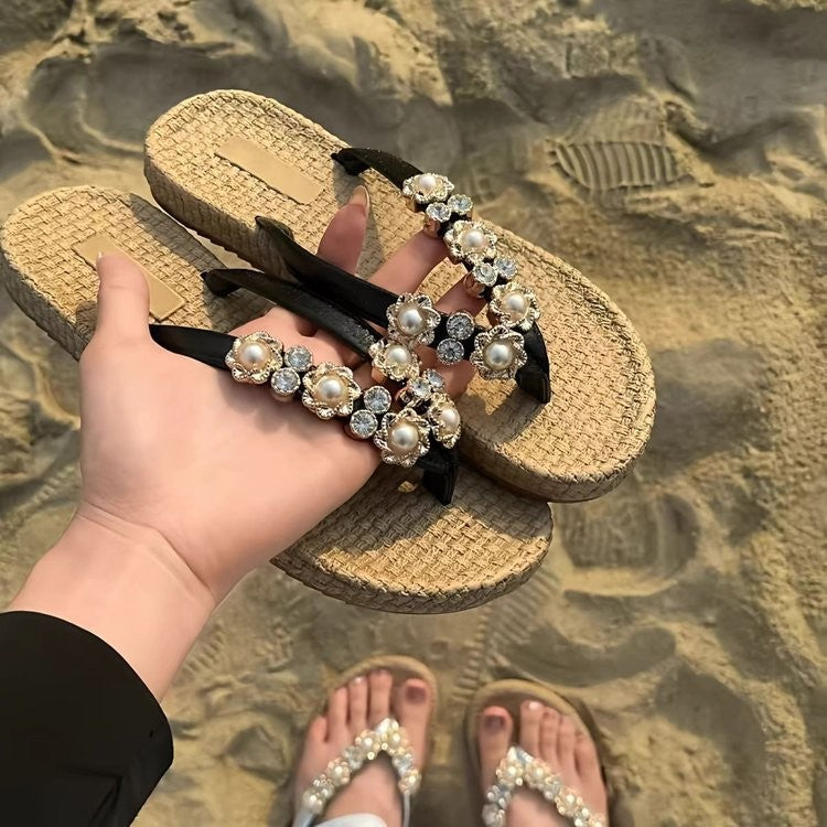 French Style Pearl Rhinestone Slippers for Women - Chic Comfort