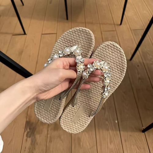 French Style Pearl Rhinestone Slippers for Women - Chic Comfort