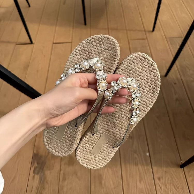 French Style Pearl Rhinestone Slippers for Women - Chic Comfort