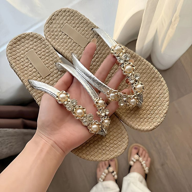 French Style Pearl Rhinestone Slippers for Women - Chic Comfort