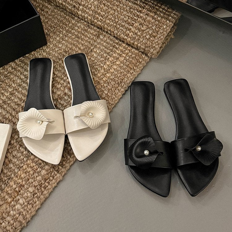 Calla Lily Design Genuine Leather Floral Slip On Sandals